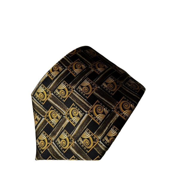 Lanvin Paris Made In France Scroll & Grid Silk Tie Black Gold